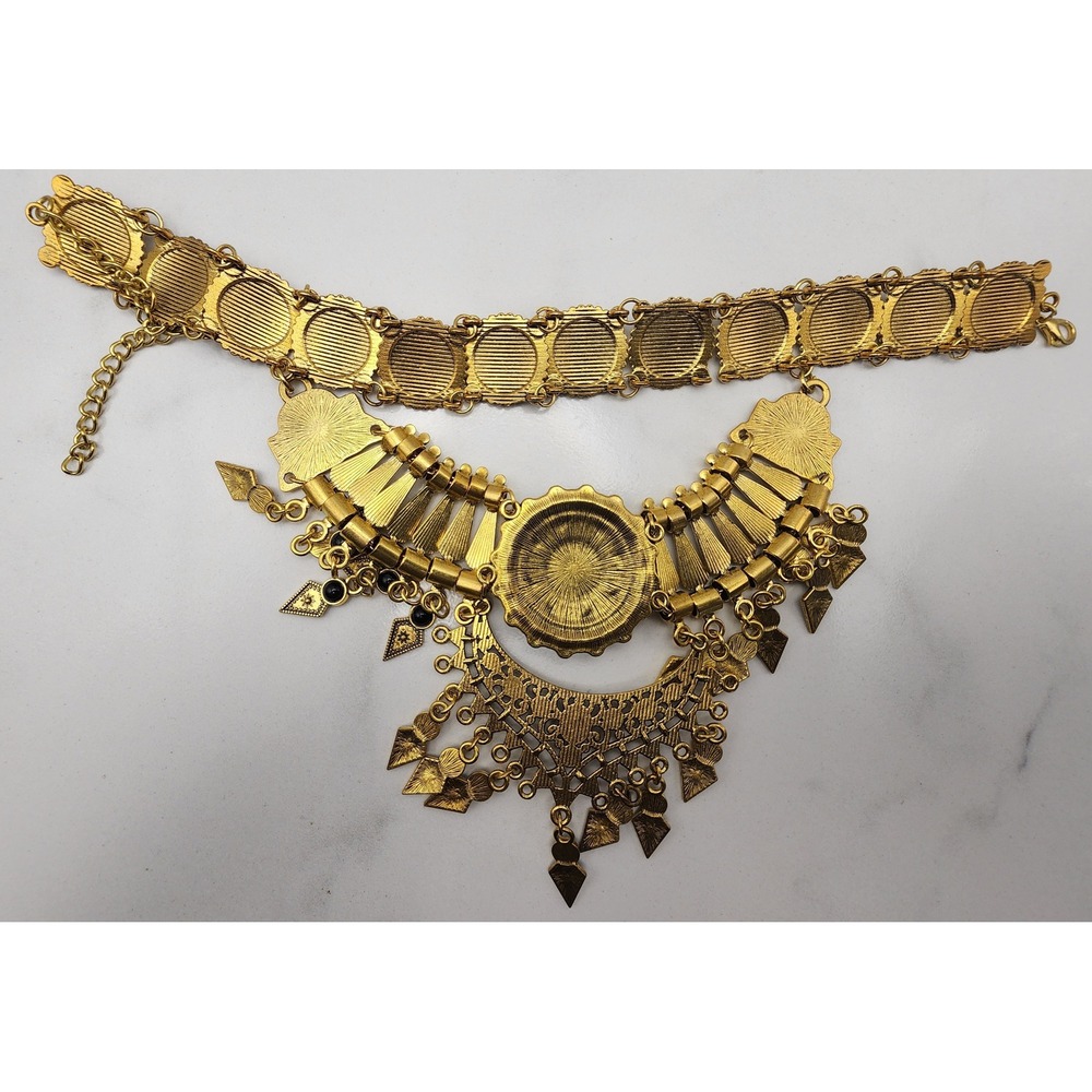 Egyptian Revival Gold Tone Choker Necklace Black Cabochon Statement Cleopatra - Picture 5 of 5